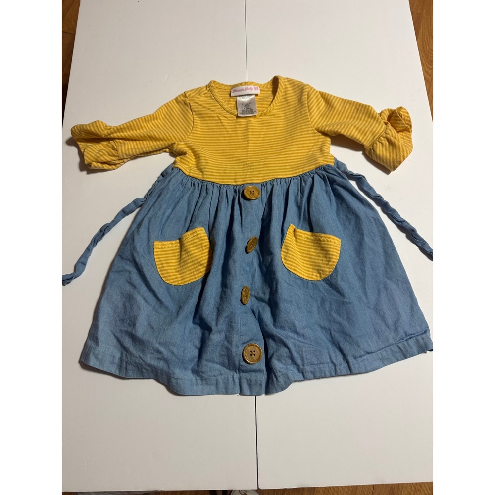 Bonnie Baby Girls Yellow Striped Blue Chambray Dress 24M B11286-PT